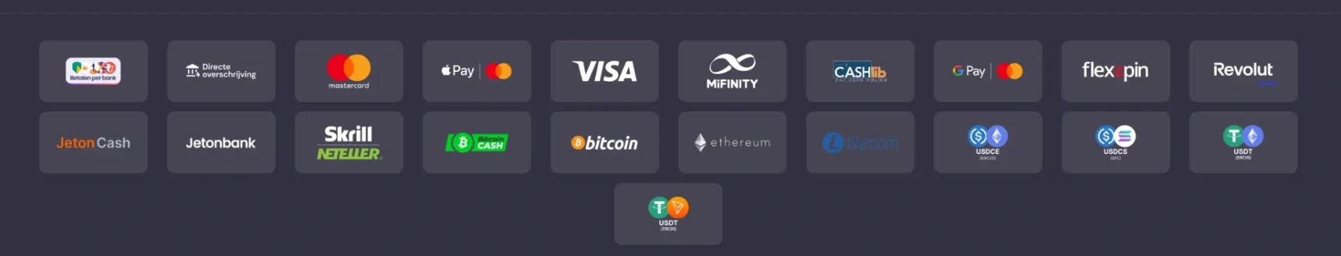 Spinsino Casino payment methods including bank cards, Apple Pay, Visa, Mastercard, Skrill, Neteller, cryptocurrencies like Bitcoin and Ethereum