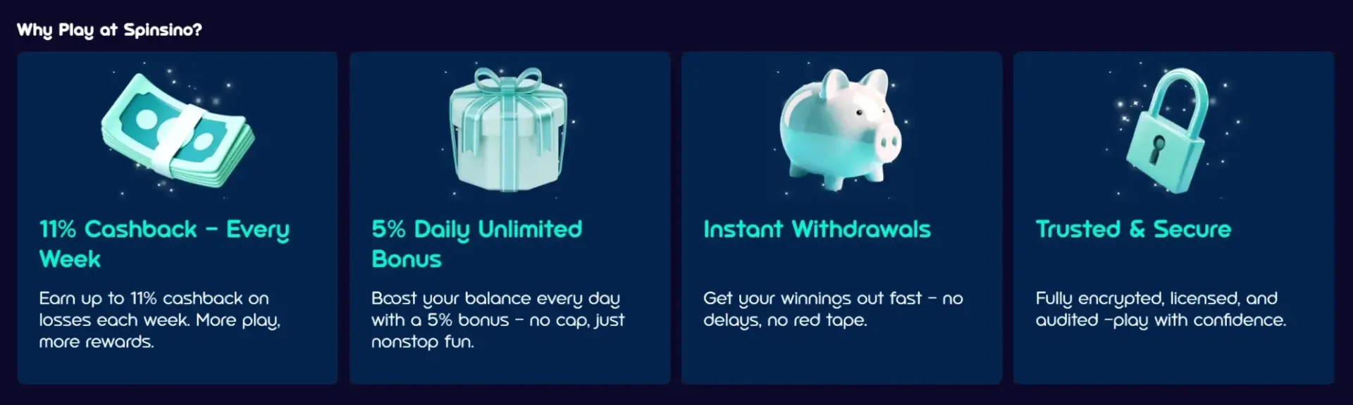 Spinsino Casino benefits: 11% cashback every week, 5% daily unlimited bonus, instant withdrawals, and trusted security