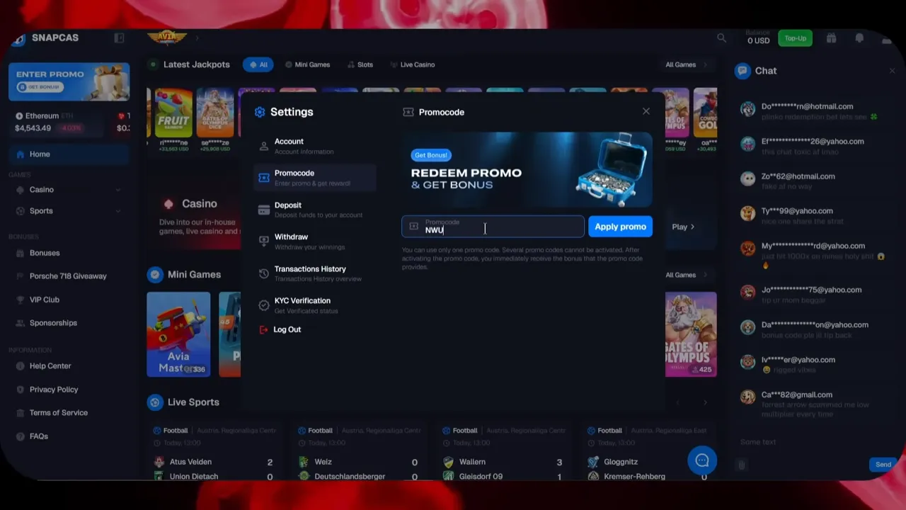 Spinsino Casino customer support interface with promo code redemption, live chat, and account management features