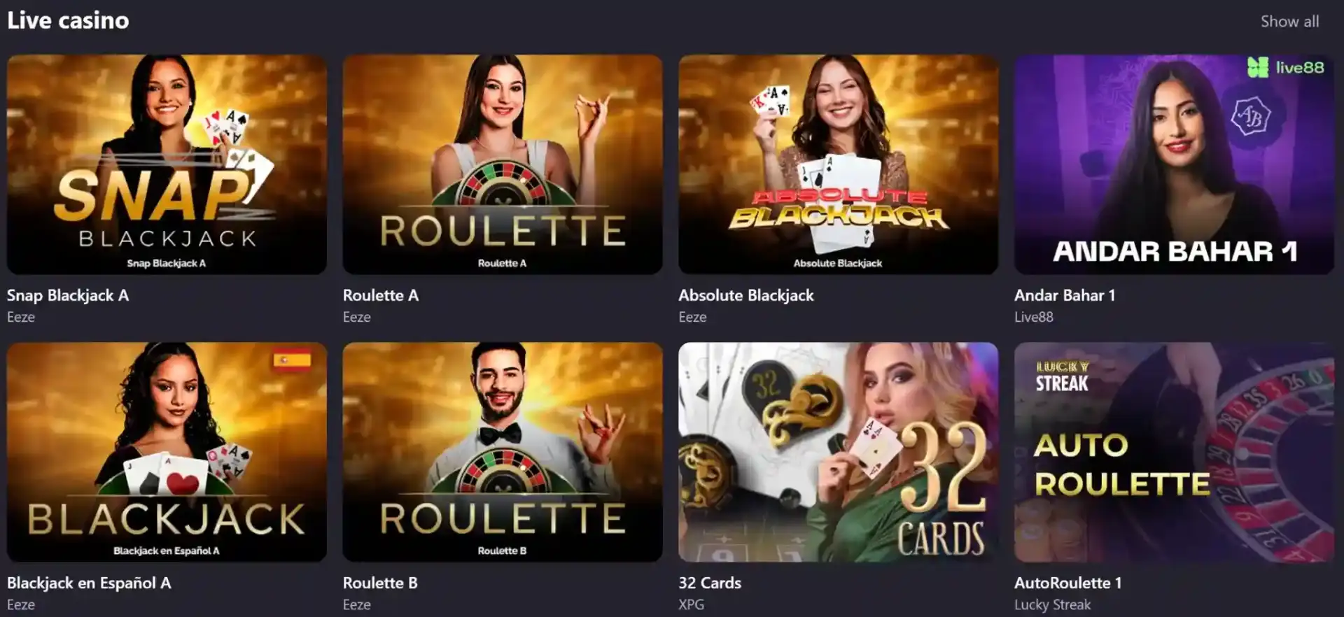 Spinsino live casino games: Snap Blackjack A, Roulette A, Absolute Blackjack, Andar Bahar with professional dealers