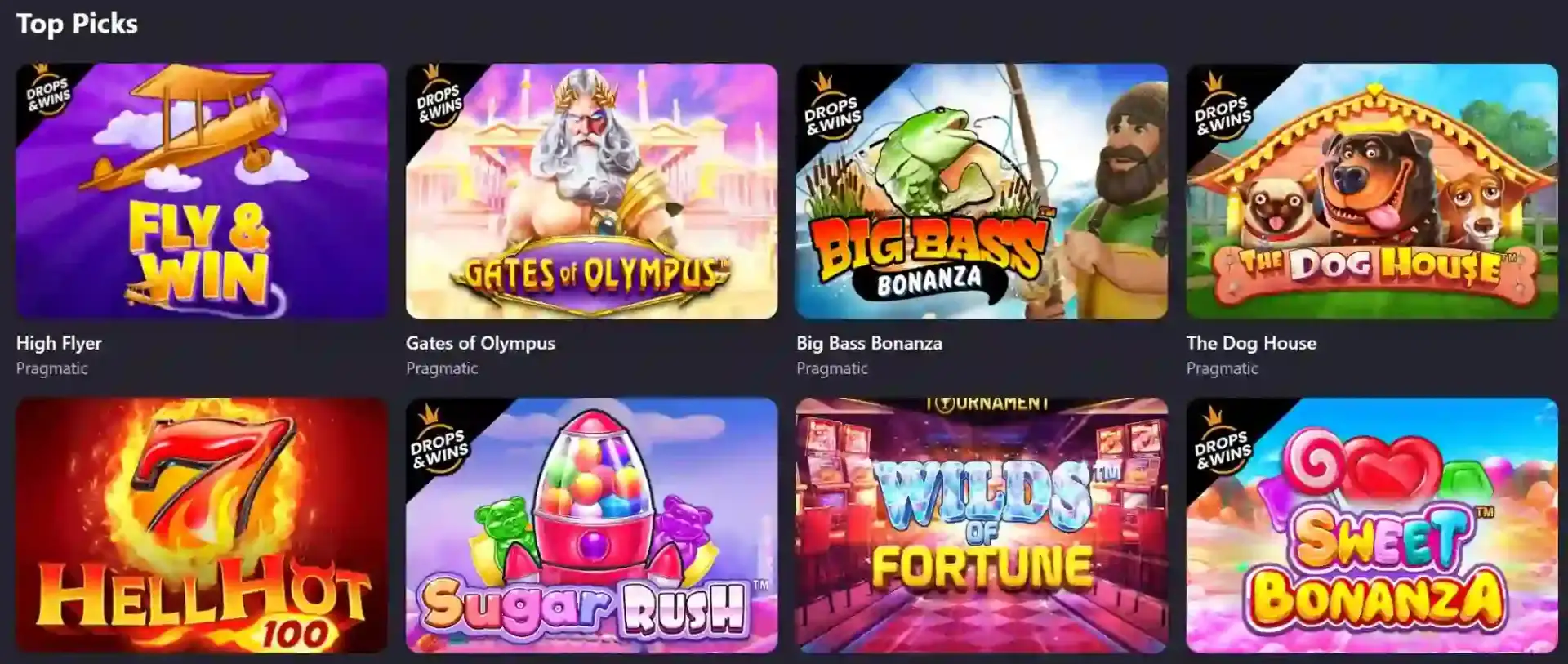 Spinsino Casino top picks featuring High Flyer, Gates of Olympus, Big Bass Bonanza, The Dog House, Hell Hot 100, and Sweet Bonanza slots
