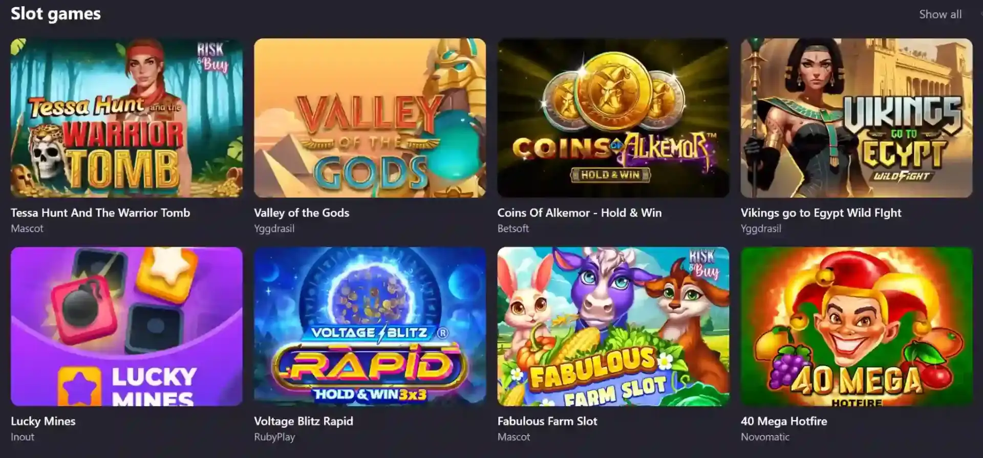 Spinsino Casino slot games collection including Tessa Hunt Warrior Tomb, Valley of the Gods, Coins of Alkemor, Vikings go to Egypt