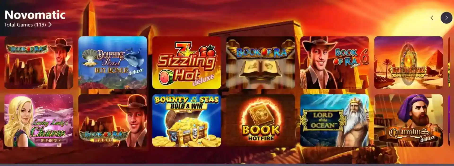 Novomatic slots collection at Spinsino Casino: Book of Ra series, Sizzling Hot Deluxe, Lucky Lady's Charm, Lord of the Ocean, Columbus Deluxe