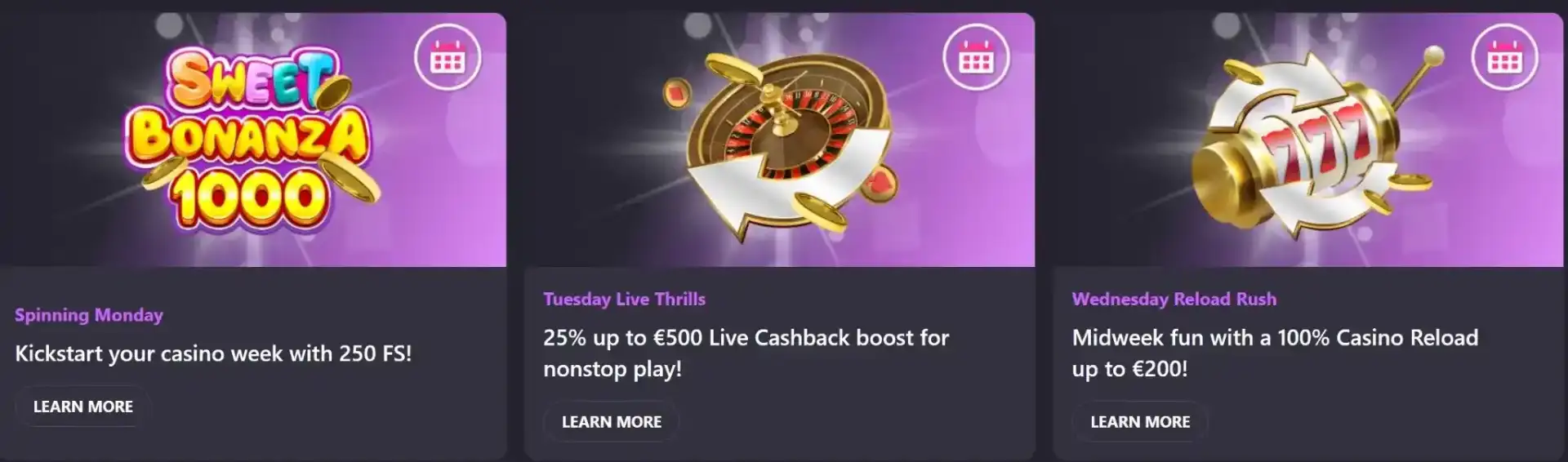 Spinsino Casino weekly promotions: Spinning Monday 250 free spins, Tuesday Live Thrills 25% cashback, Wednesday Reload Rush 100% casino reload