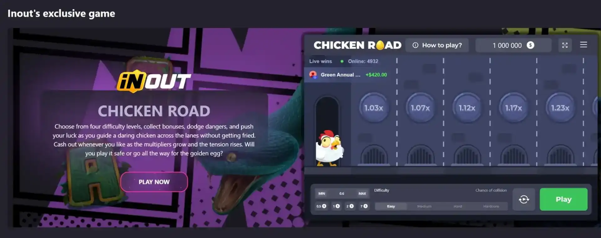 Spinsino Casino exclusive Chicken Road game by Inout with multiplier lanes and live wins counter