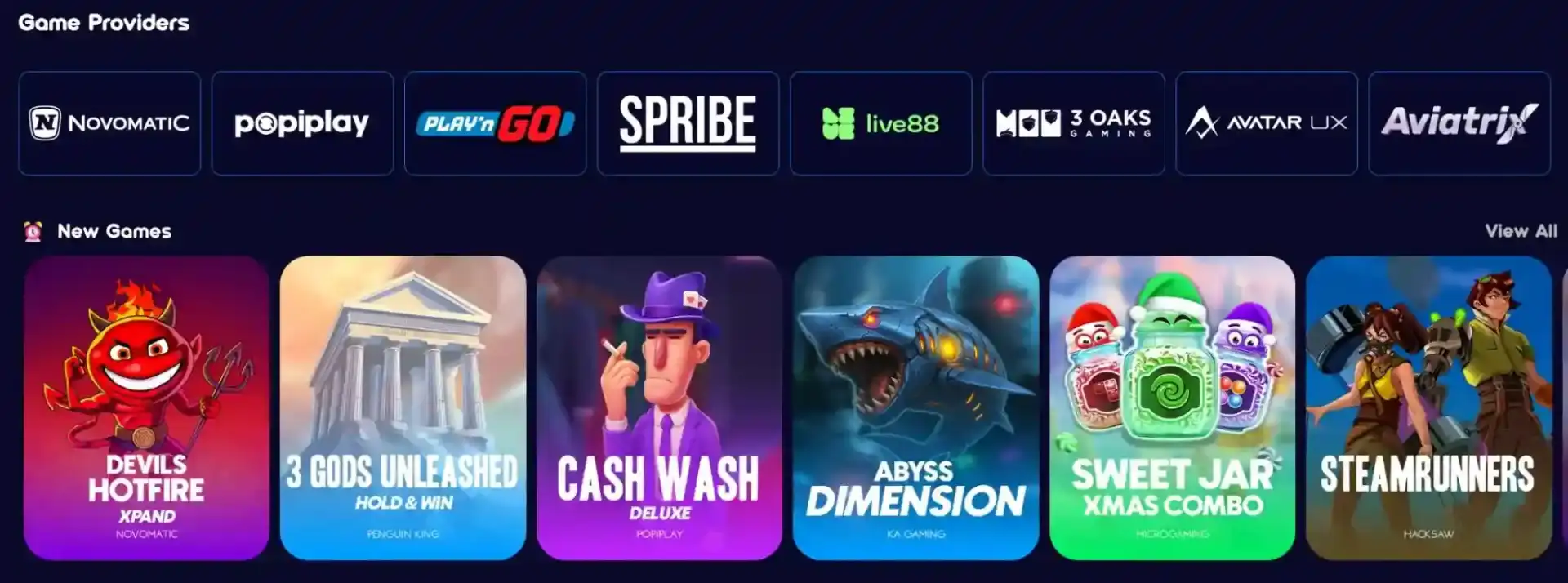 Spinsino Casino game providers including Novomatic, Popiplay, Play'n GO, Spribe, Live88, 3 Oaks Gaming, Avatar UX, Aviatrix with new games showcase