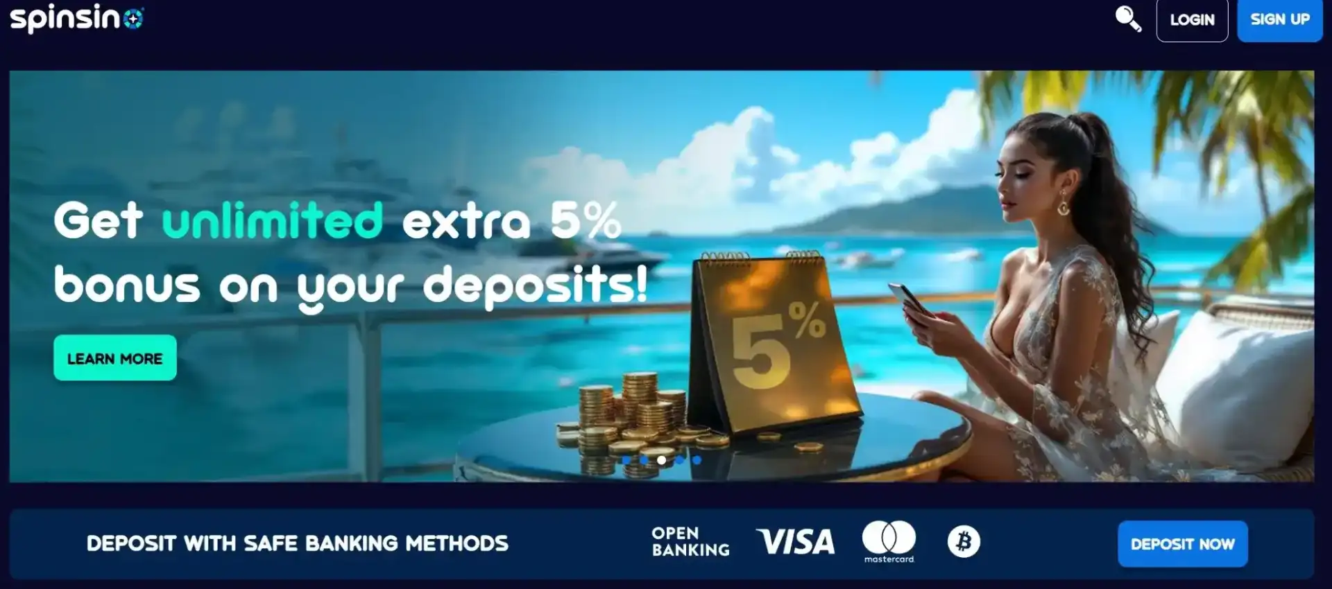 Spinsino Casino unlimited extra 5% bonus on deposits promotion with tropical beach setting and safe banking methods