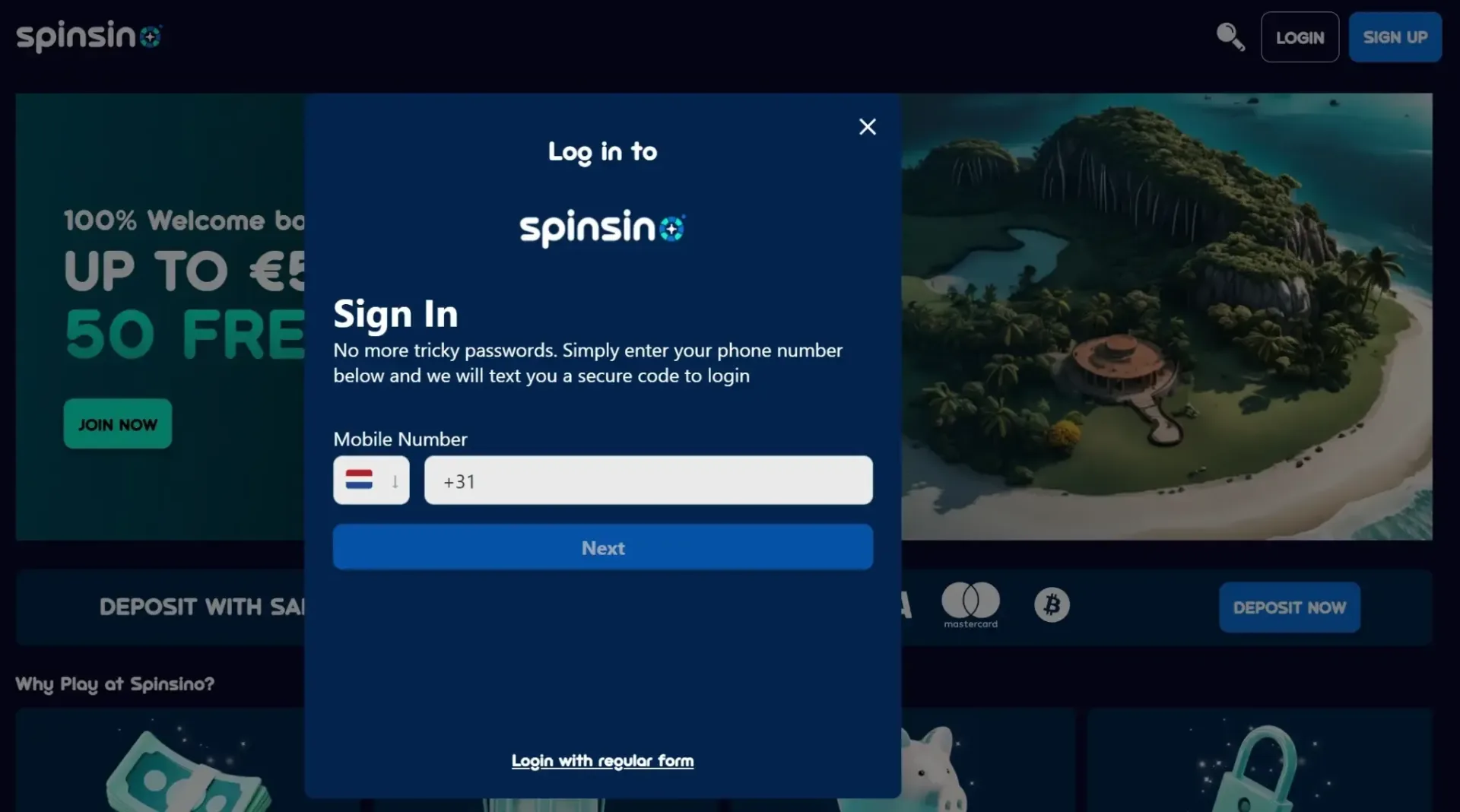Spinsino Casino mobile login interface with phone number authentication and tropical island welcome bonus background